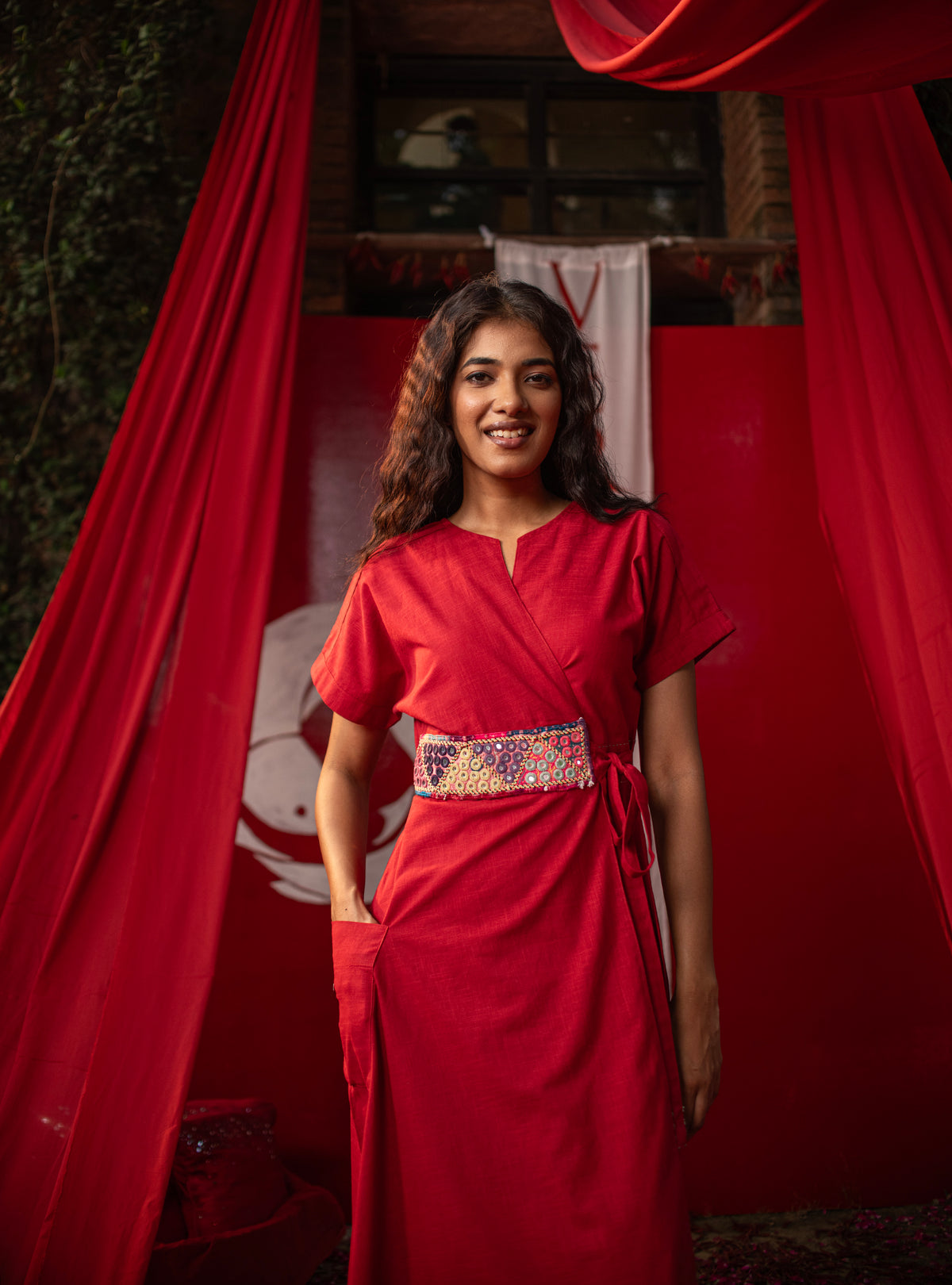 Pocket Wrap Dress : Crimson Slub