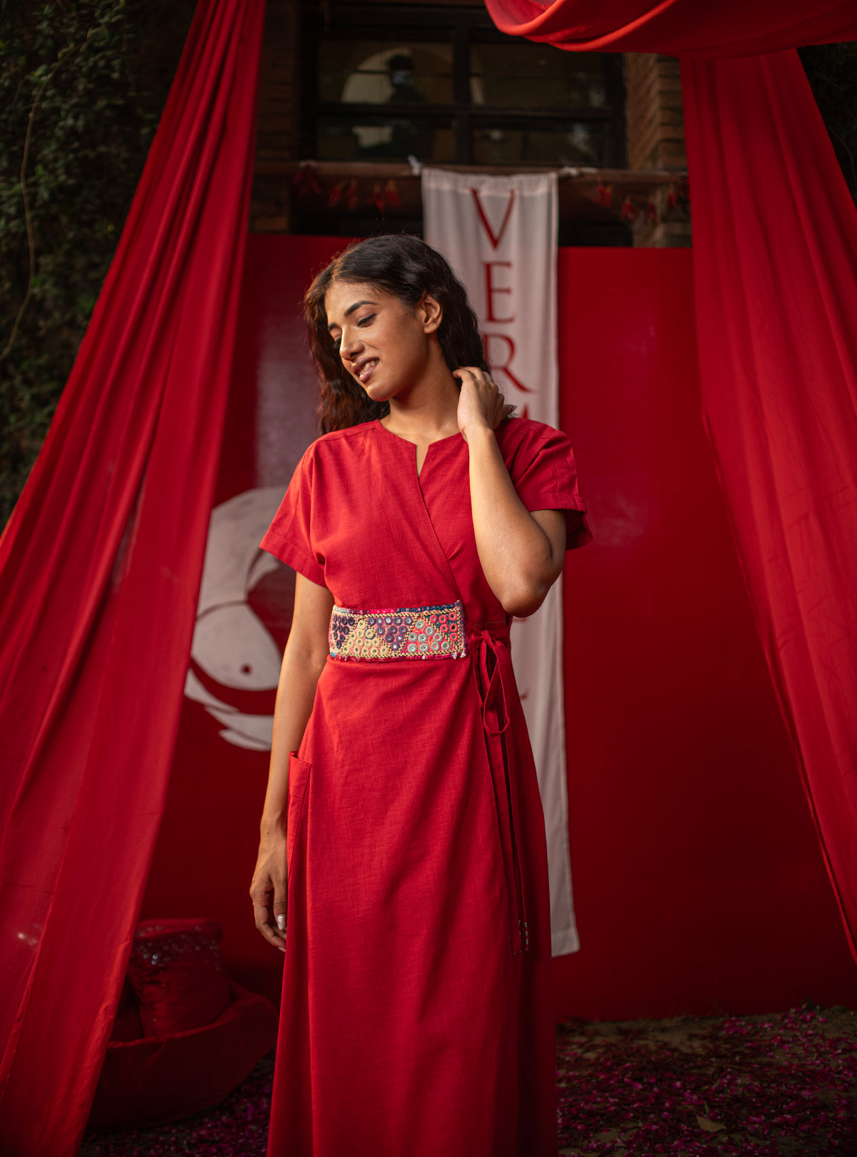 Pocket Wrap Dress : Crimson Slub