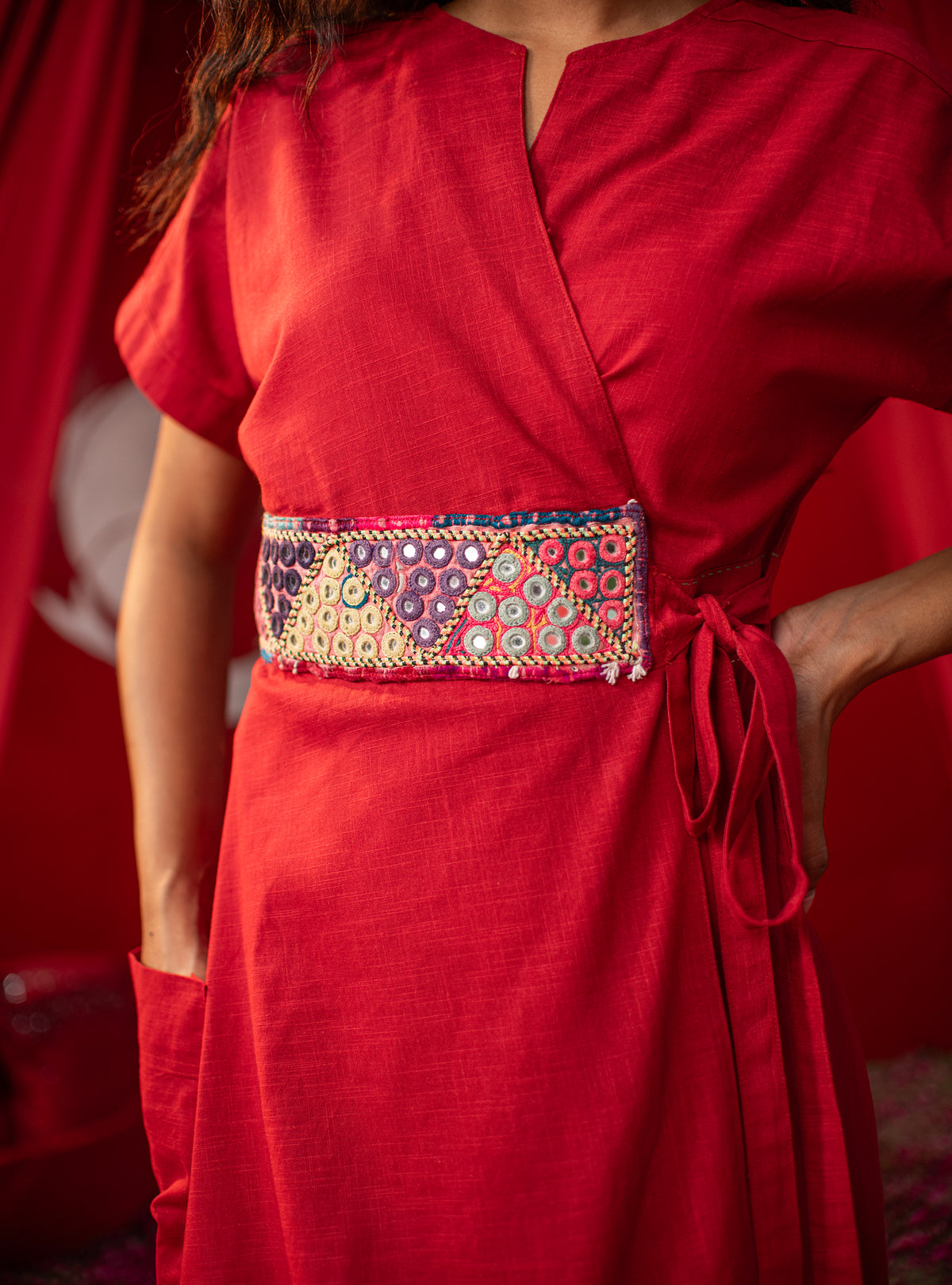 Pocket Wrap Dress : Crimson Slub