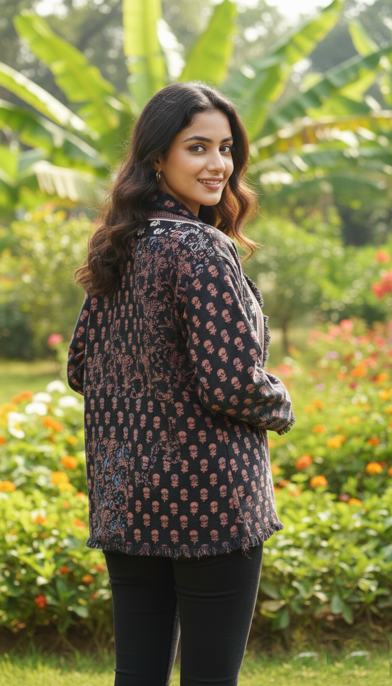 Reversible Jacket Block Printed : Poppy Black Triple Layered Cotton