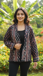 Reversible Jacket Block Printed : Poppy Black Triple Layered Cotton