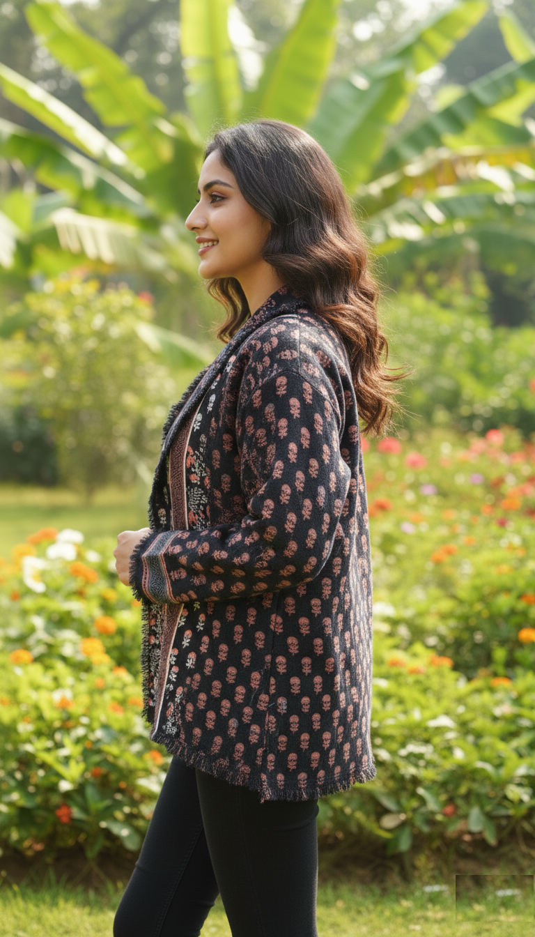 Reversible Jacket Block Printed : Poppy Black Triple Layered Cotton