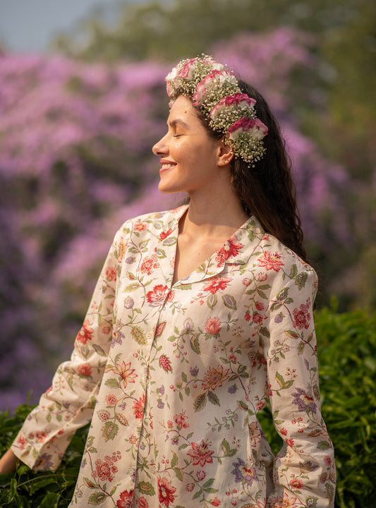 Vanessa PJ Set : Primrose Floral Beige Voile