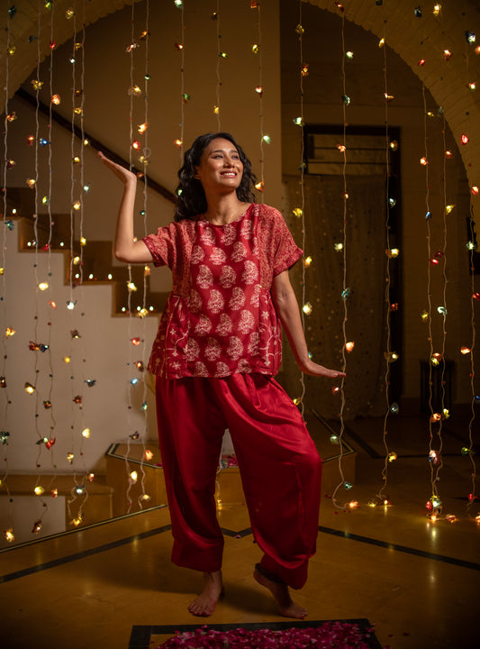 Resham Pant Solid : Vermillion Red Cotton Silk