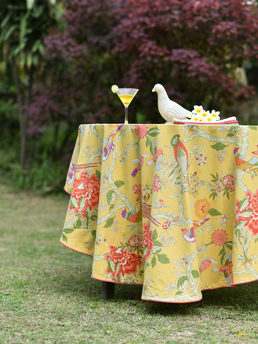 Printed Round Table Cloth : Piping Bird Yellow Sheeting