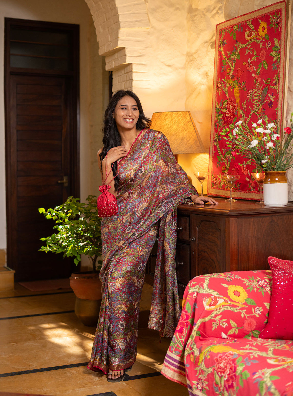 Saree : Perroquet Red Kota Silk