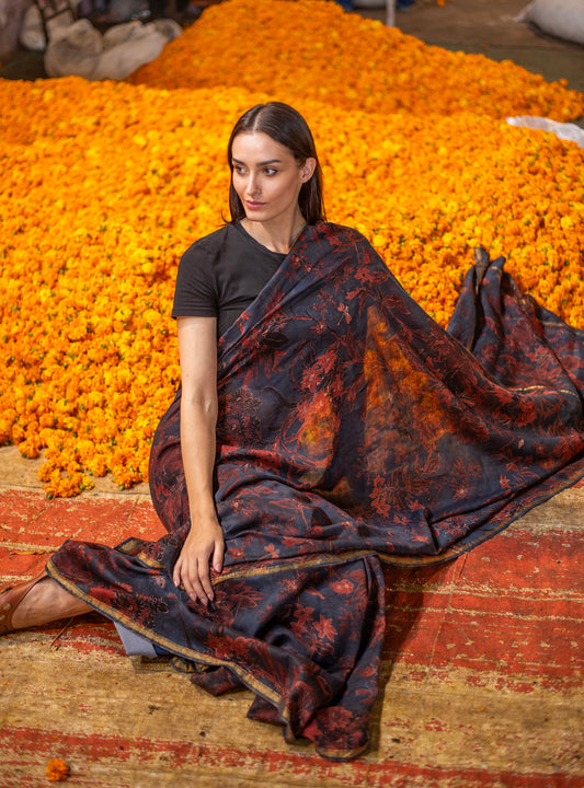 Saree Chanderi : Corsica Ajrakh Indigo