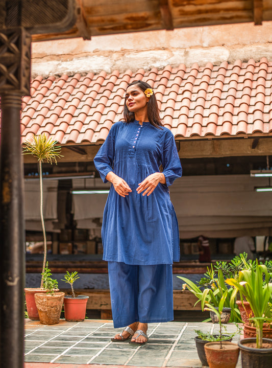 Shabnam Kurta : Emb Solid Blue Voile