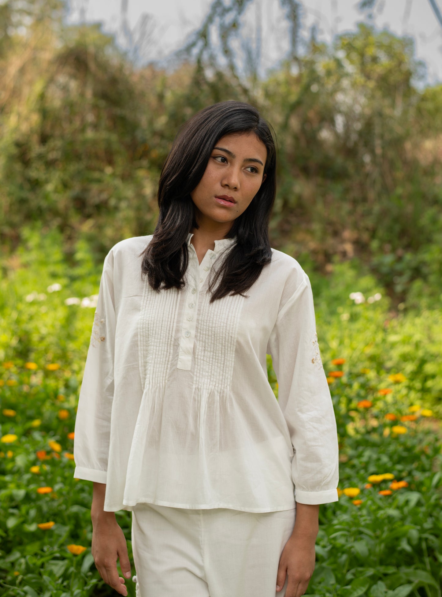Shabnam Top : Emb Solid White Voile