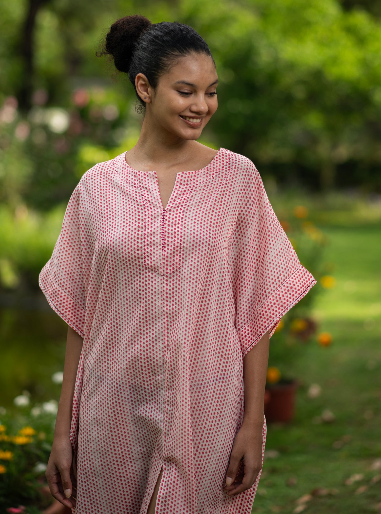 Short Kaftan W/Tie : Laurel Dotty Pink Voile