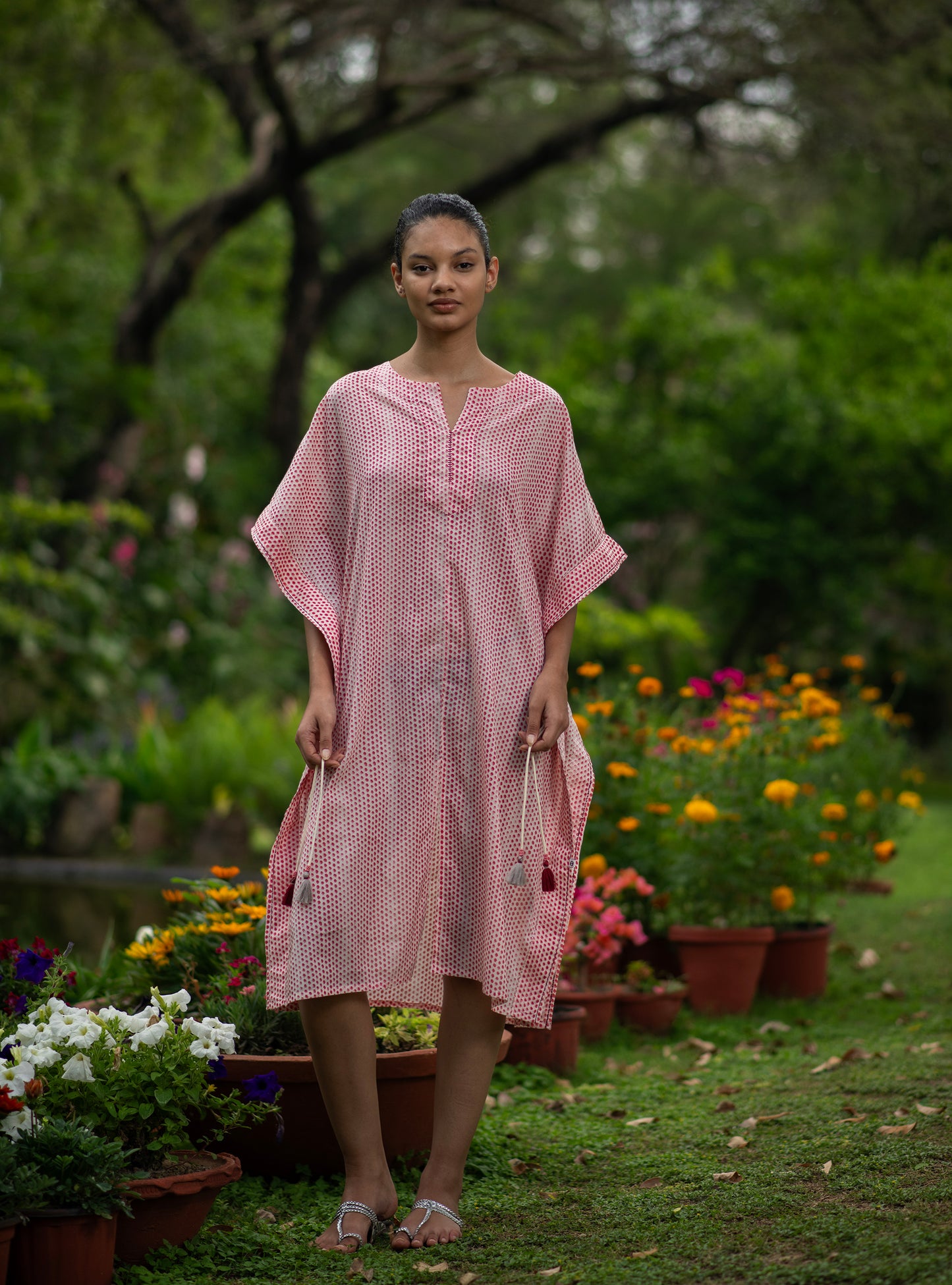 Short Kaftan W/Tie : Laurel Dotty Pink Voile