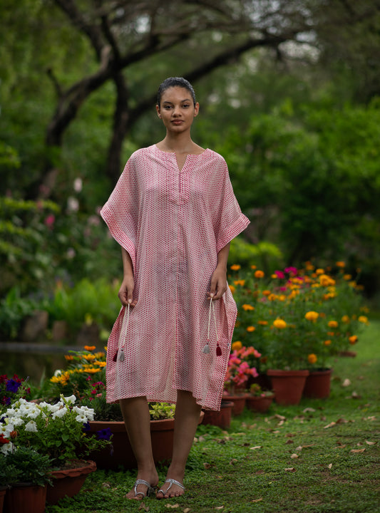 Short Kaftan W/Tie : Laurel Dotty Pink Voile