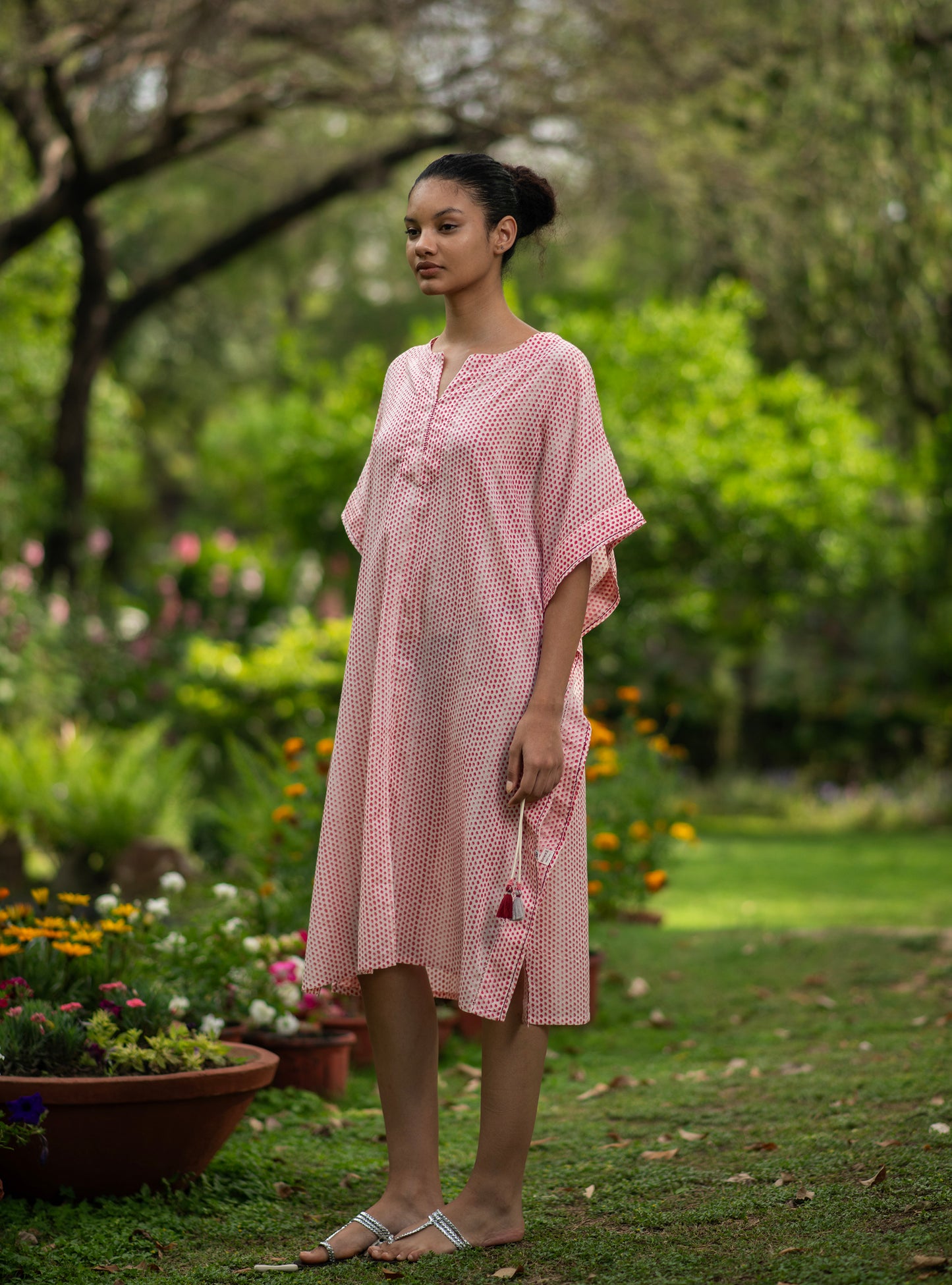 Short Kaftan W/Tie : Laurel Dotty Pink Voile