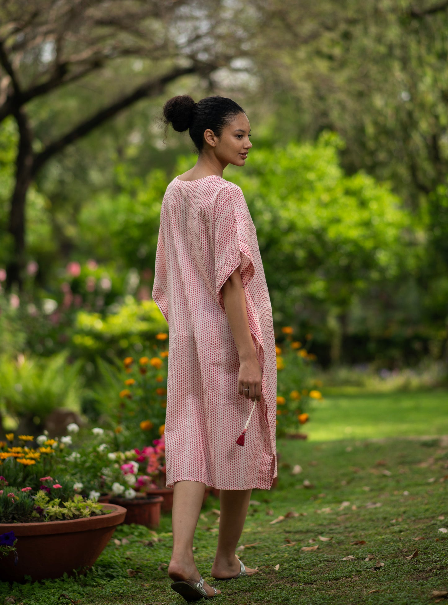 Short Kaftan W/Tie : Laurel Dotty Pink Voile
