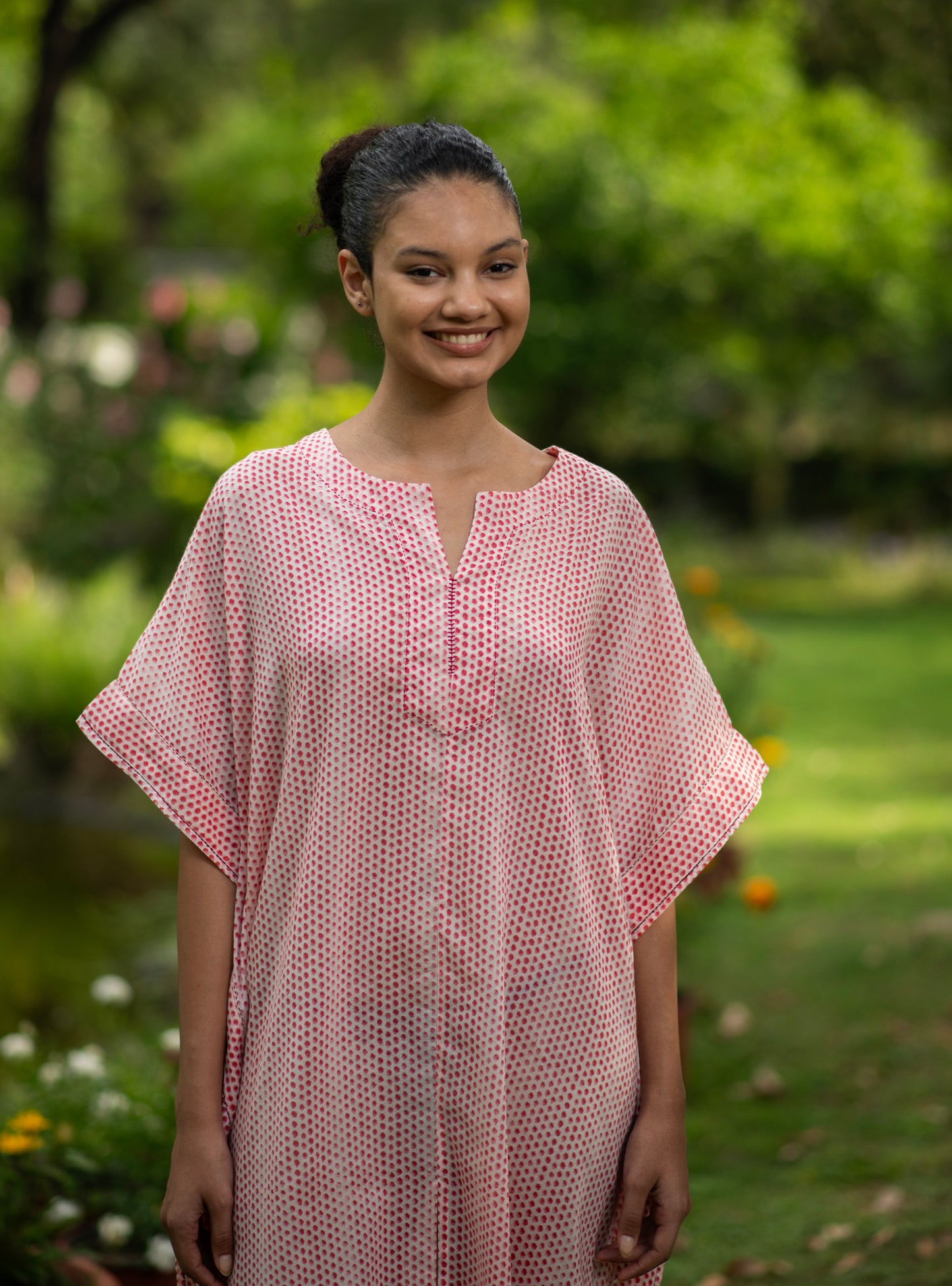 Short Kaftan W/Tie : Laurel Dotty Pink Voile
