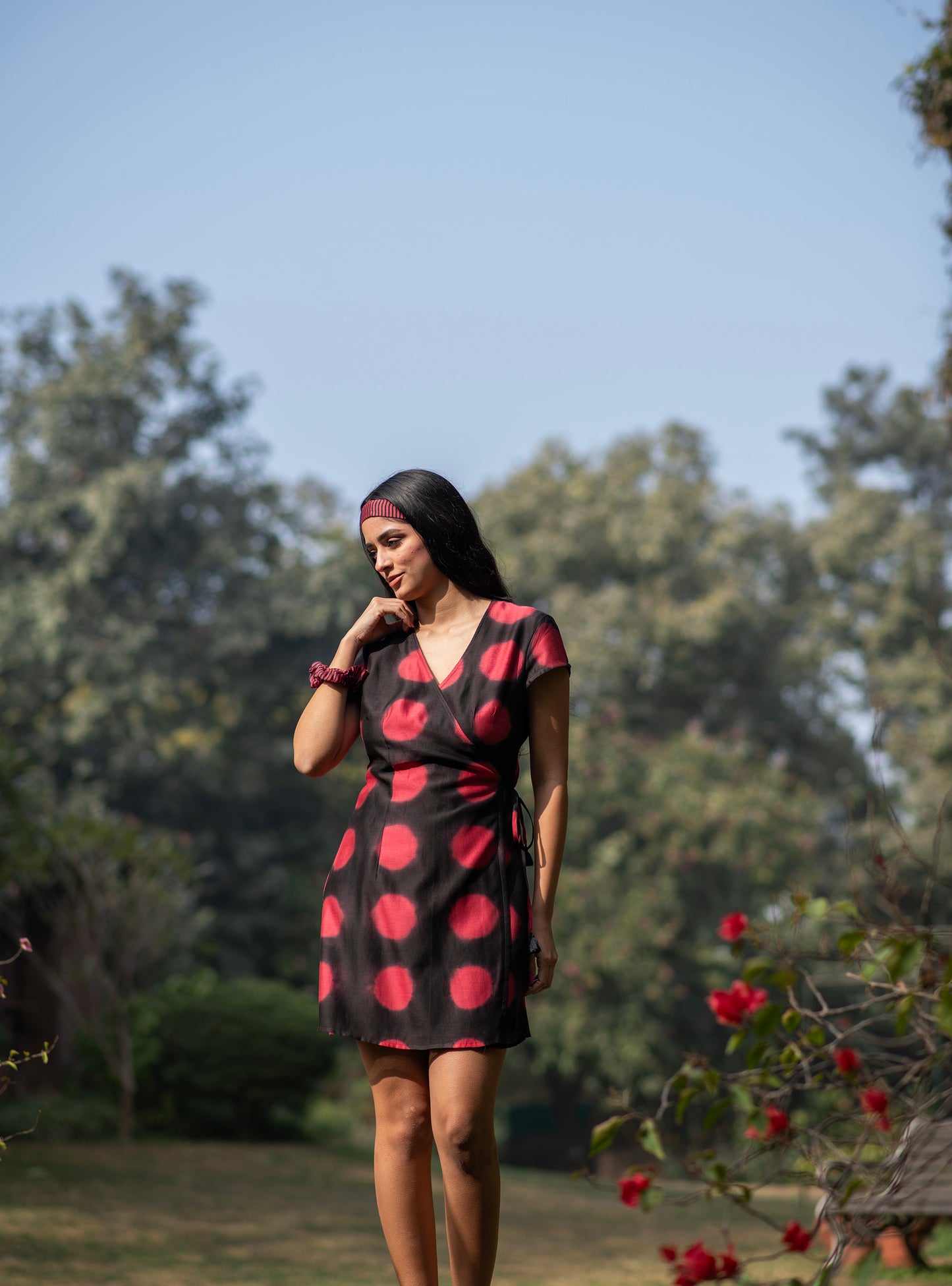 Short Wrap Dress : Tie & Dye Circle Red Chanderi