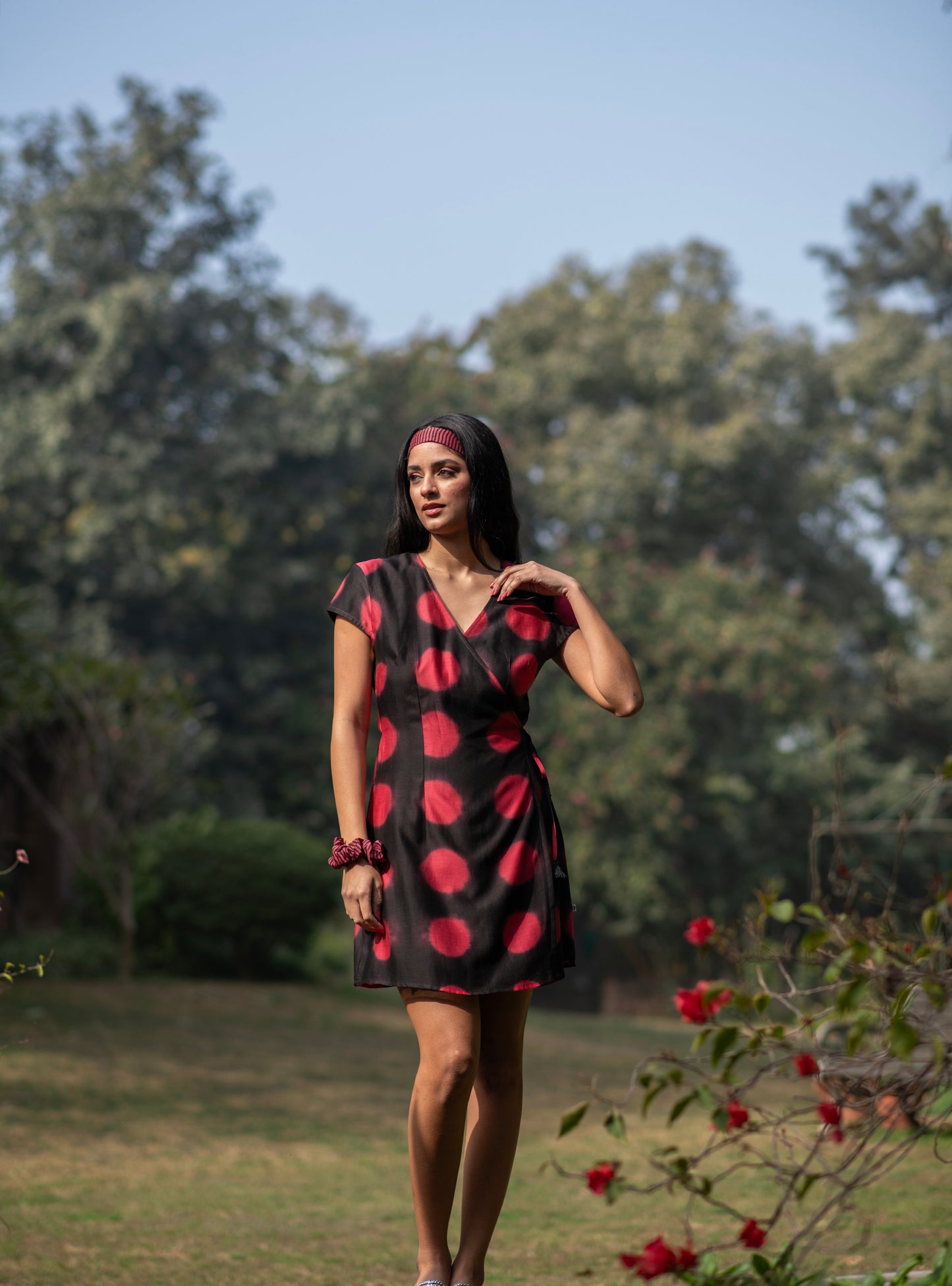 Short Wrap Dress : Tie & Dye Circle Red Chanderi
