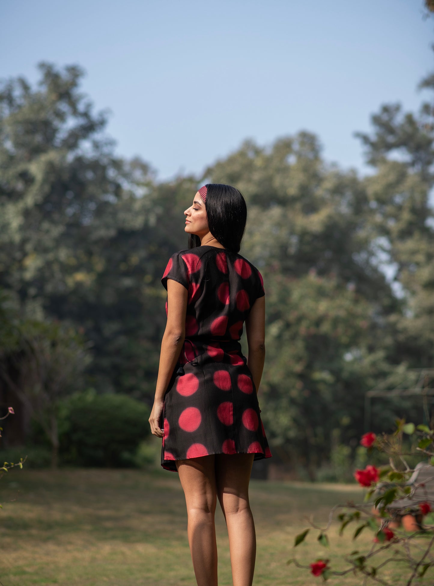 Short Wrap Dress : Tie & Dye Circle Red Chanderi