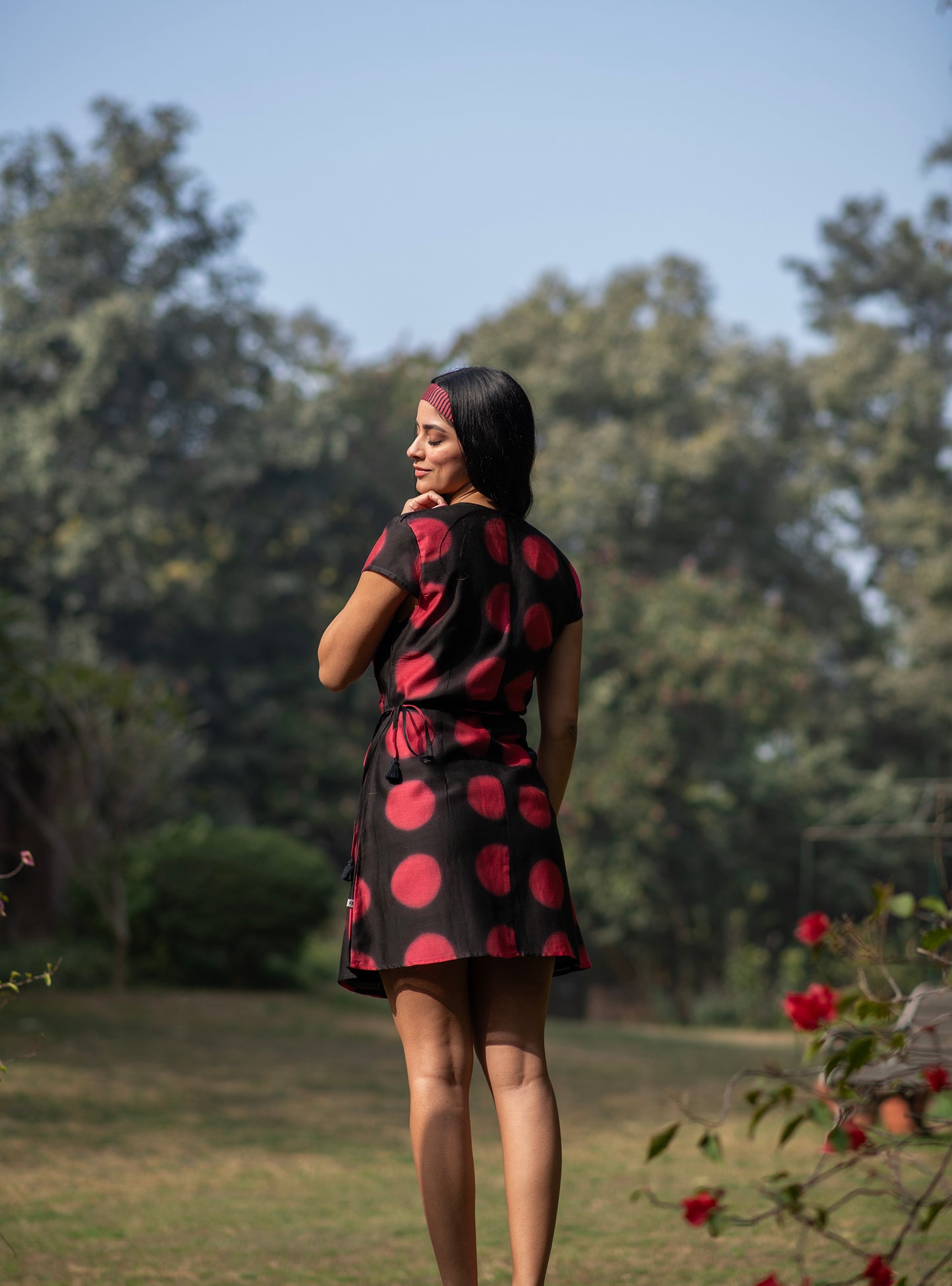 Short Wrap Dress : Tie & Dye Circle Red Chanderi