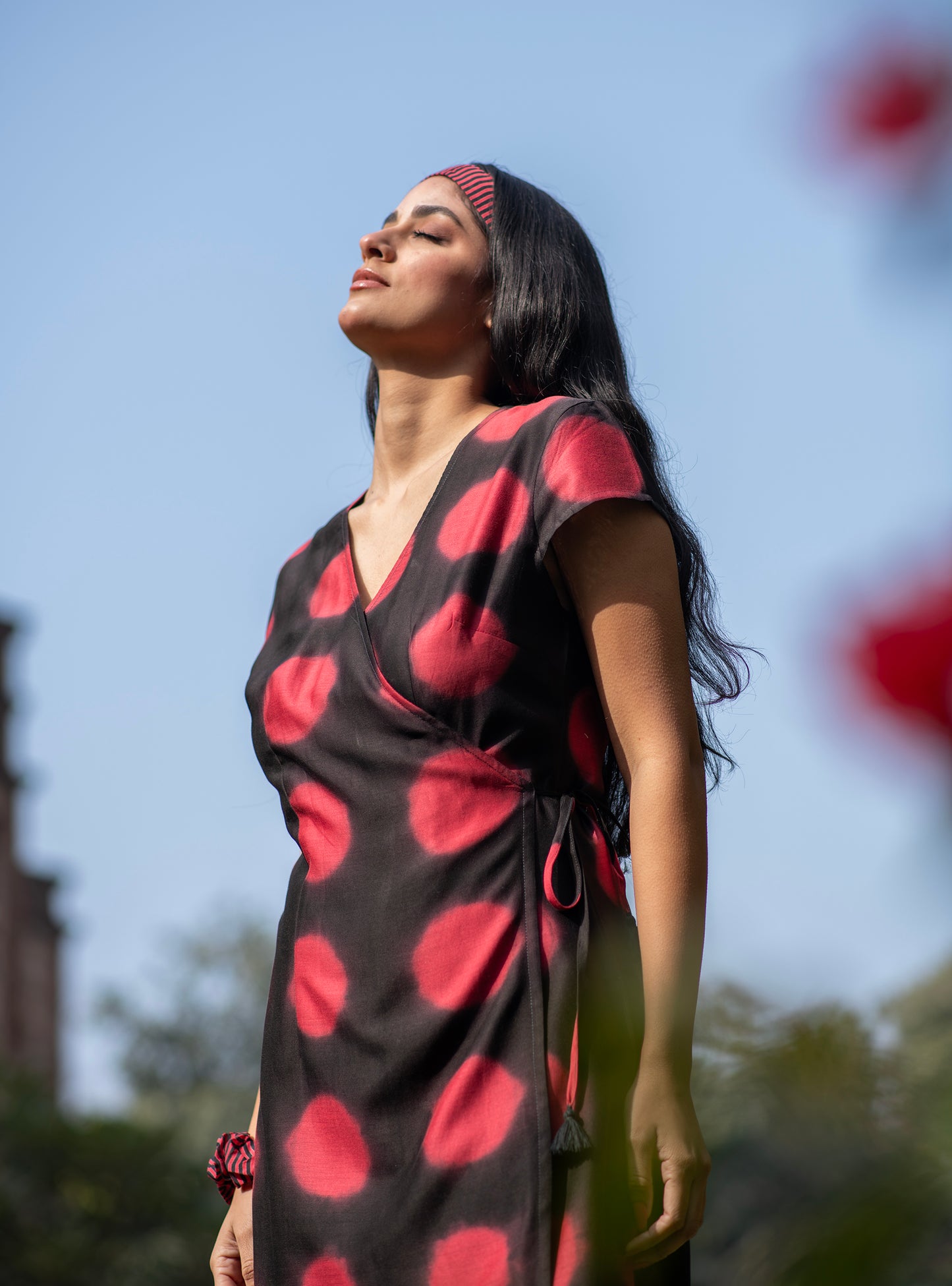 Short Wrap Dress : Tie & Dye Circle Red Chanderi