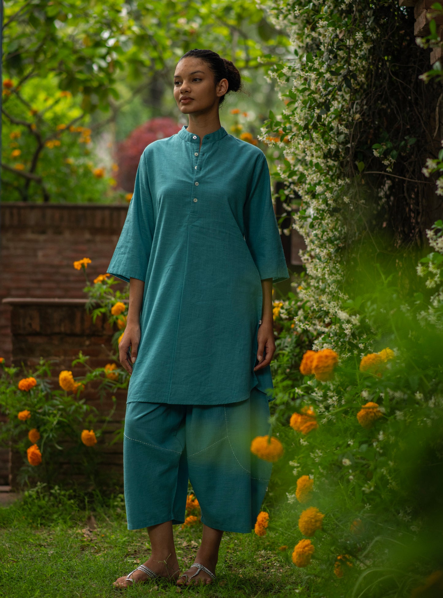 Trucker Kurta : Solid Turq Slub