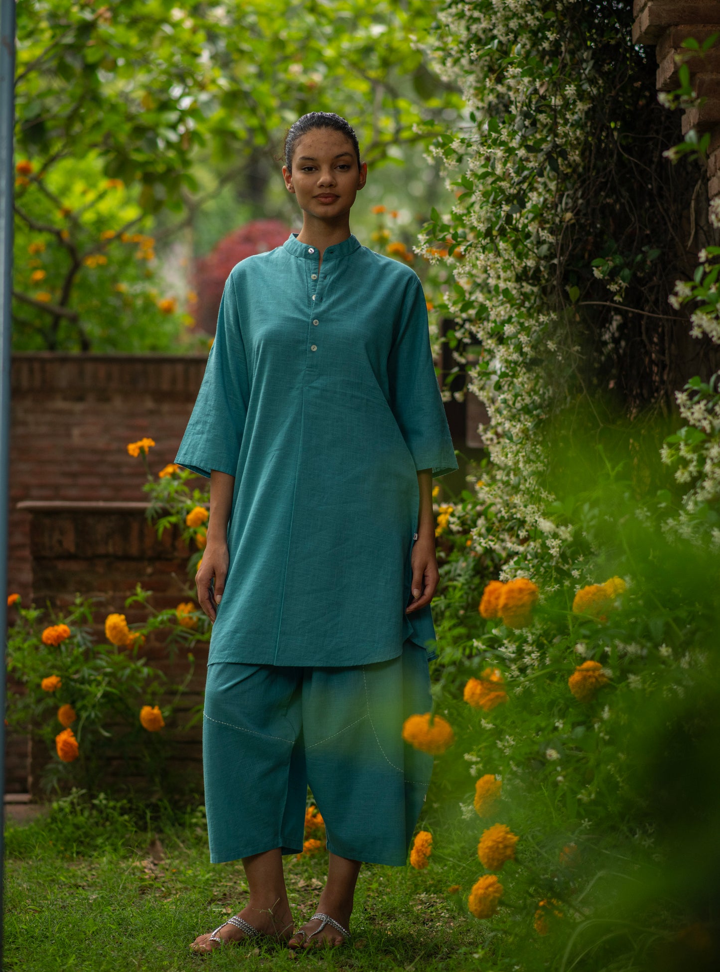 Trucker Kurta : Solid Turq Slub
