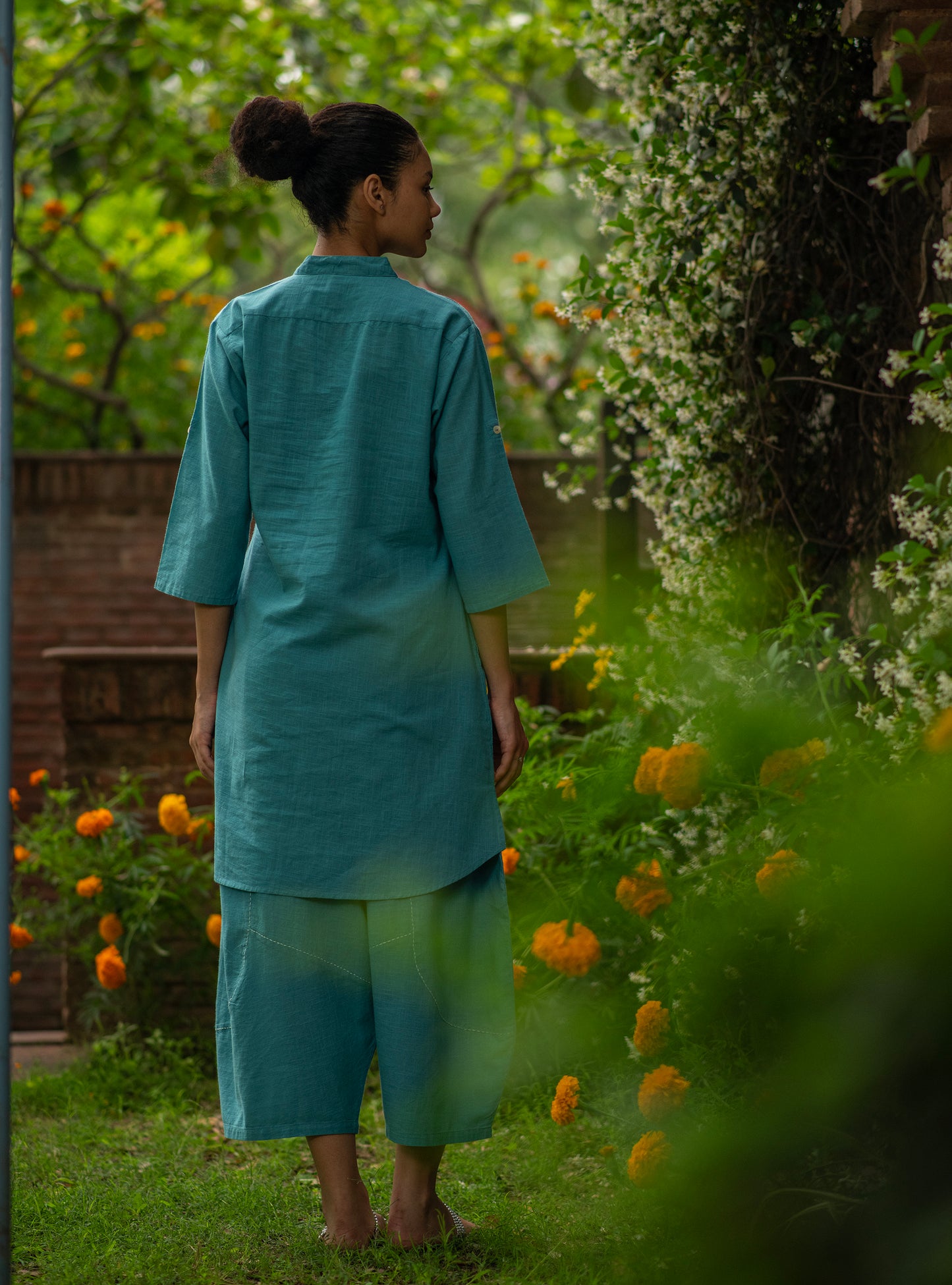 Trucker Kurta : Solid Turq Slub