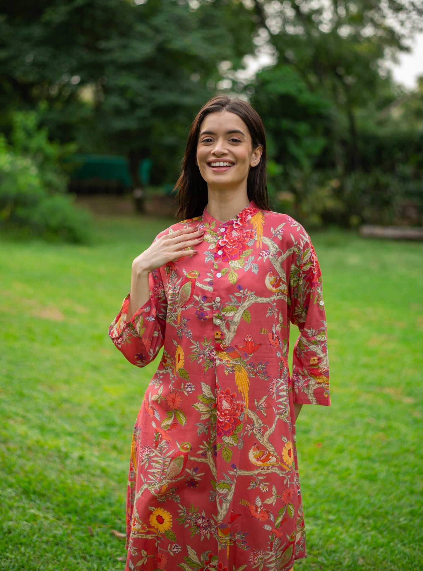 Trucker Kurta : Bird Coral Voile