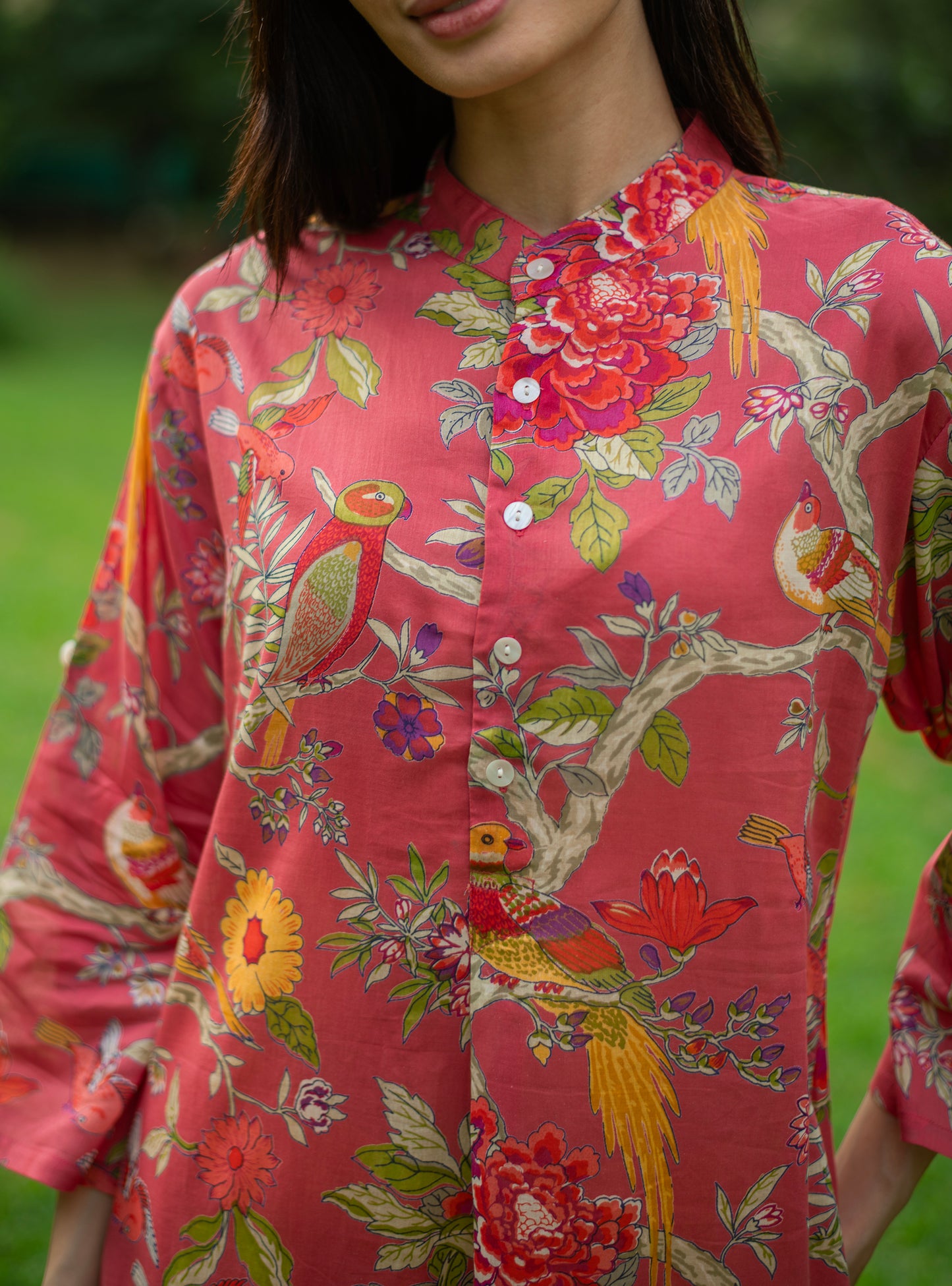 Trucker Kurta : Bird Coral Voile