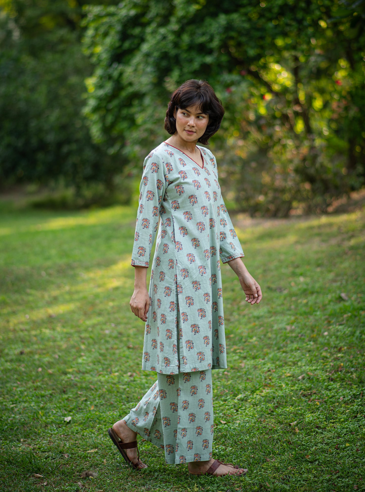 V Neck Kurta : Alyssa Blue Slub