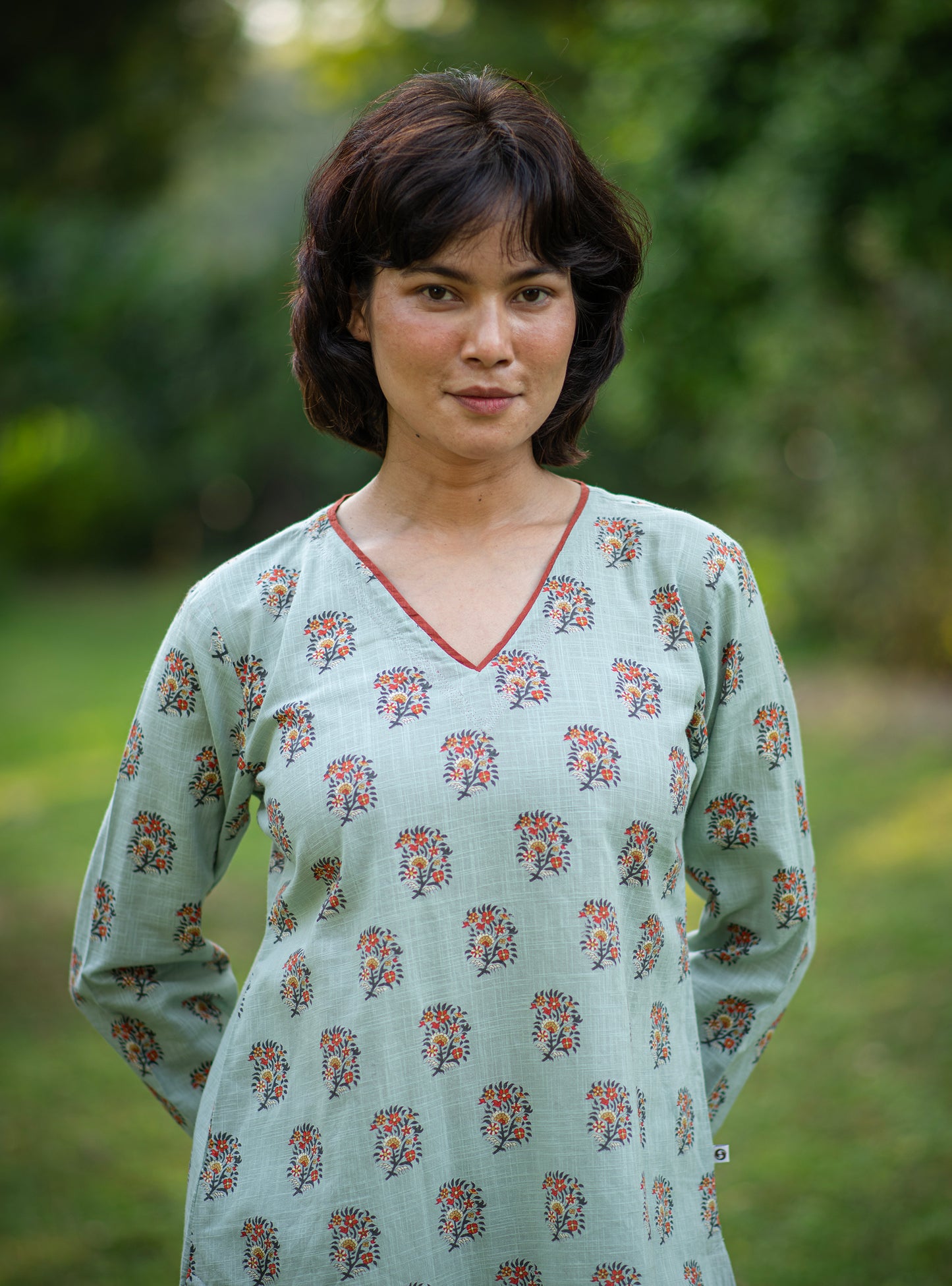 V Neck Kurta : Alyssa Blue Slub