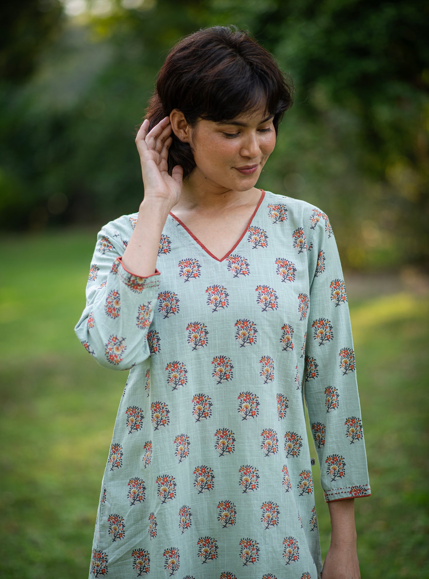 V Neck Kurta : Alyssa Blue Slub