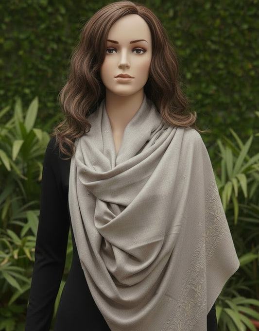 Pashmina Handspun Handwoven : Shawl Embroidered Beige Woolen