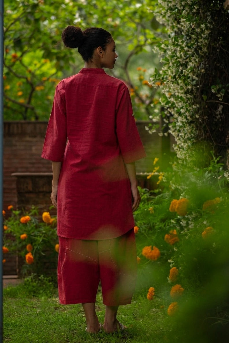 Trucker Kurta : Solid Coral Slub