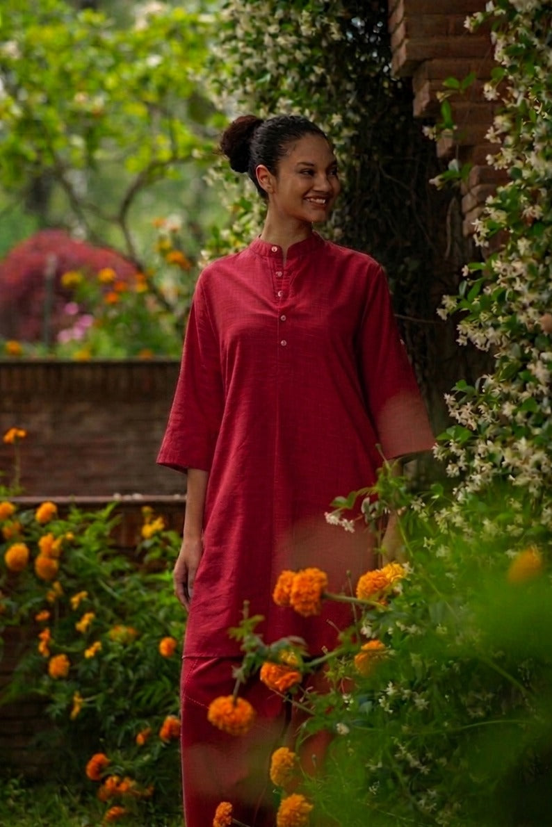 Trucker Kurta : Solid Coral Slub