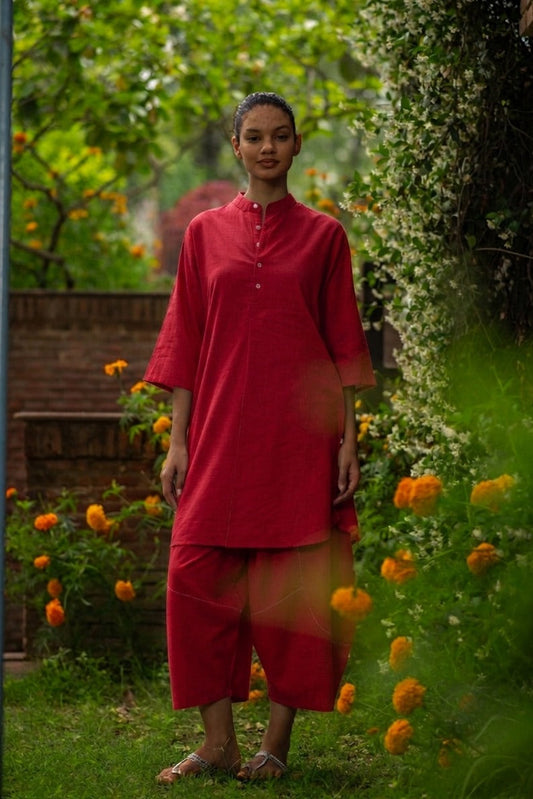 Trucker Kurta : Solid Coral Slub