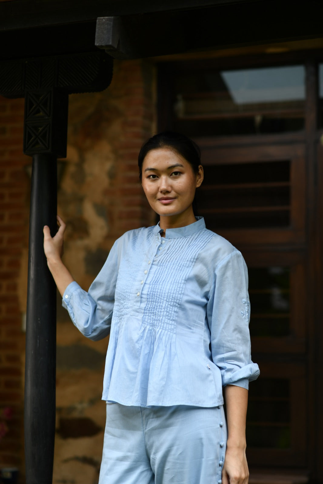 Shabnam Top Emb : Solid Blue Voile