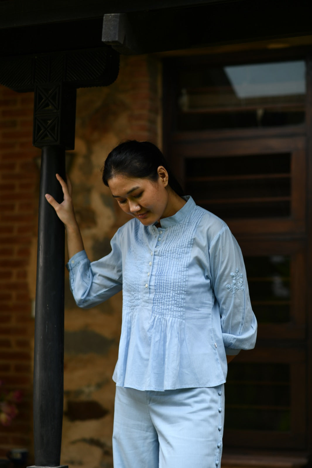 Shabnam Top Emb : Solid Blue Voile
