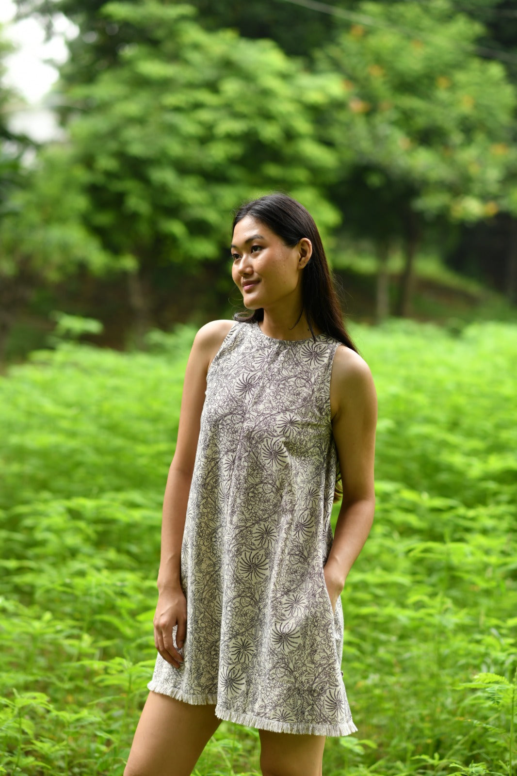 Skyler Dress : Palm Black Cotton Flax