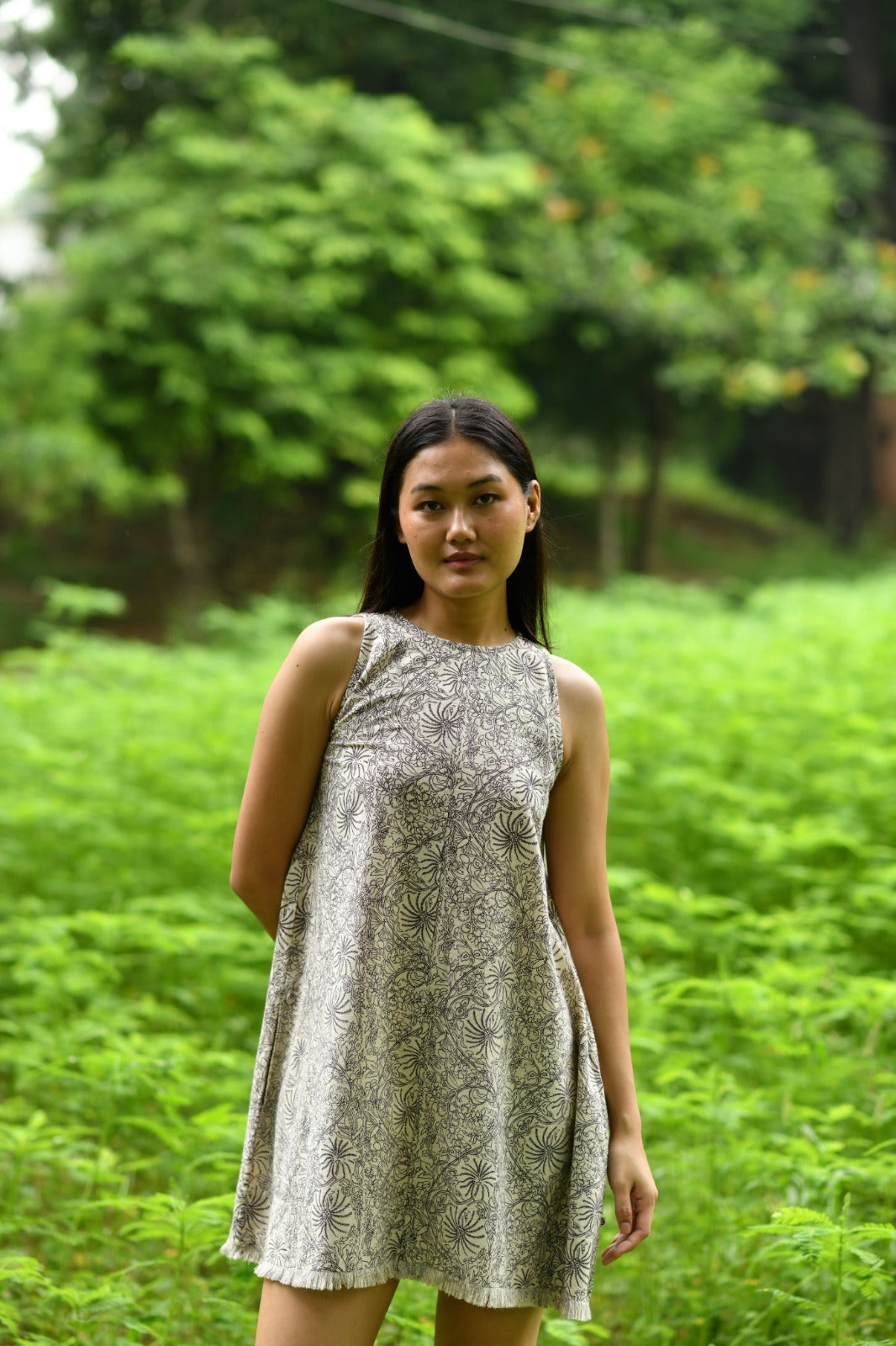Skyler Dress : Palm Black Cotton Flax