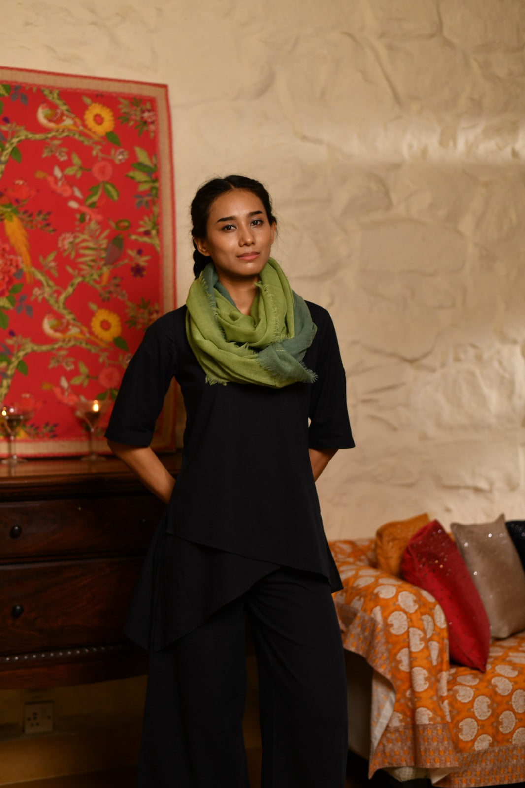 Double Layered Stole : Solid Fern Green+Moss Matty Wool