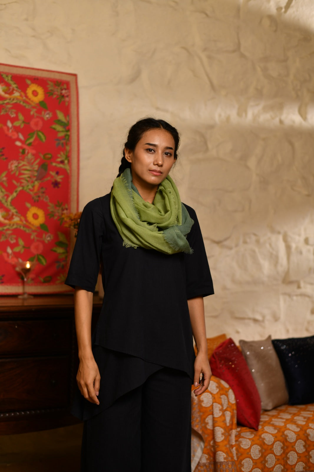 Double Layered Stole : Solid Fern Green+Moss Matty Wool