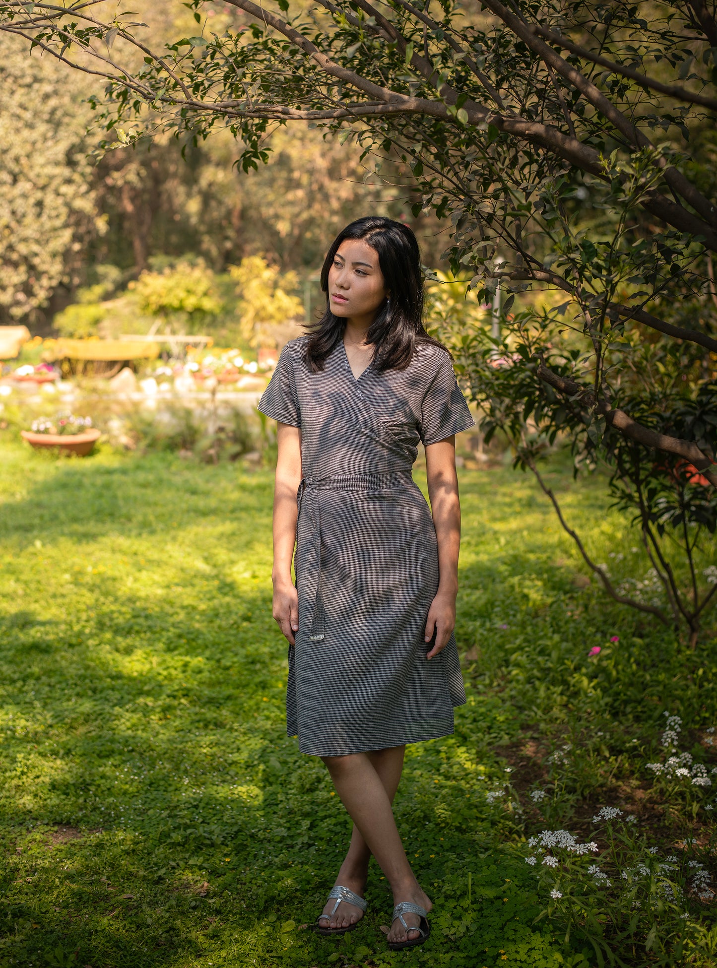 Wrap Around Dress : Checks Black Handloom