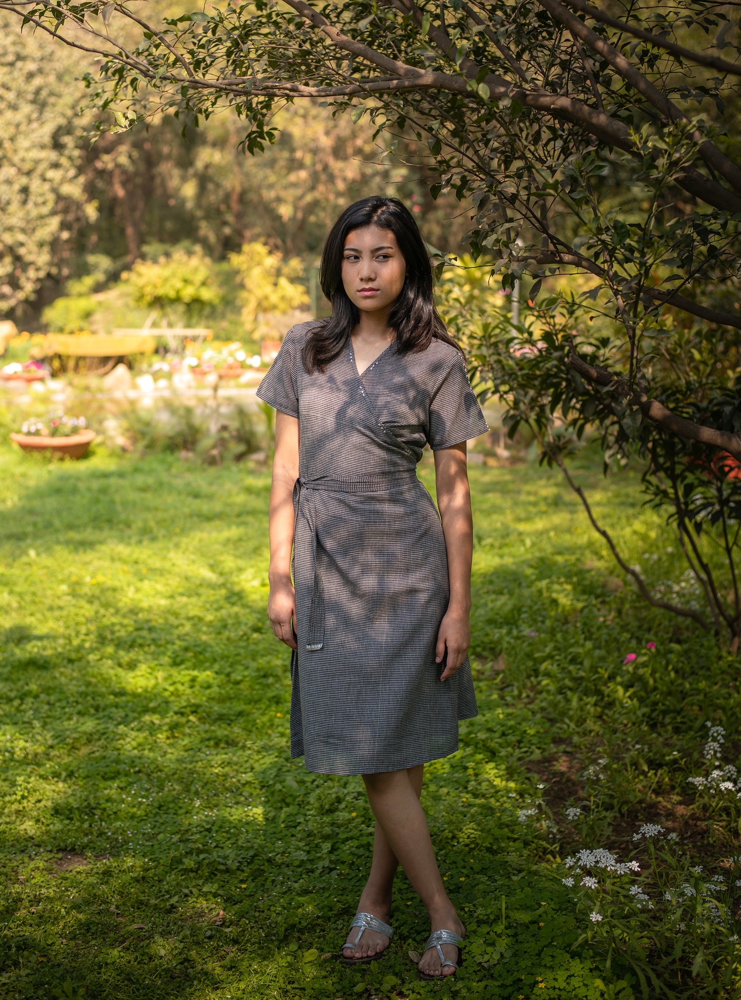 Wrap Around Dress : Checks Black Handloom