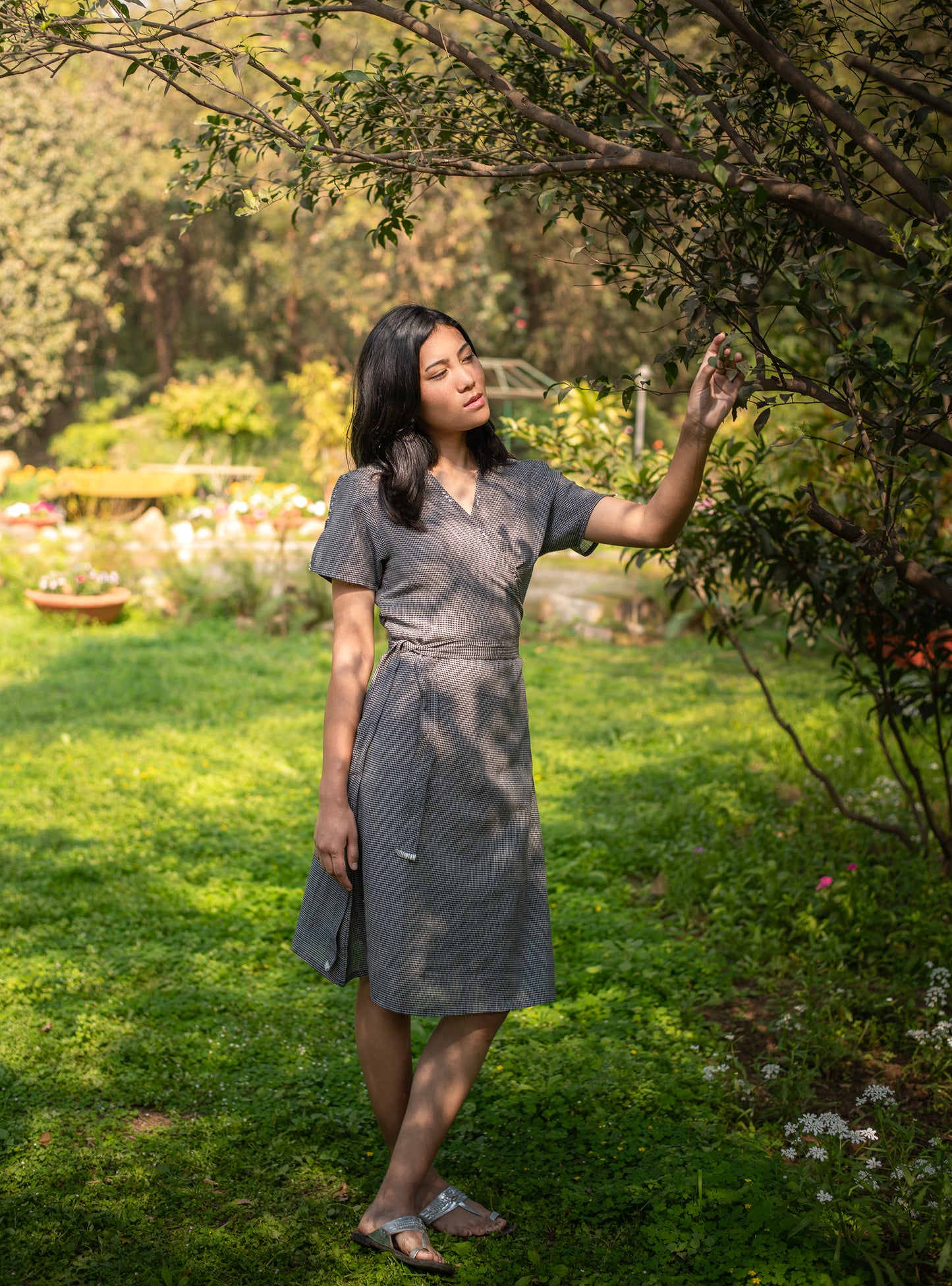 Wrap Around Dress : Checks Black Handloom