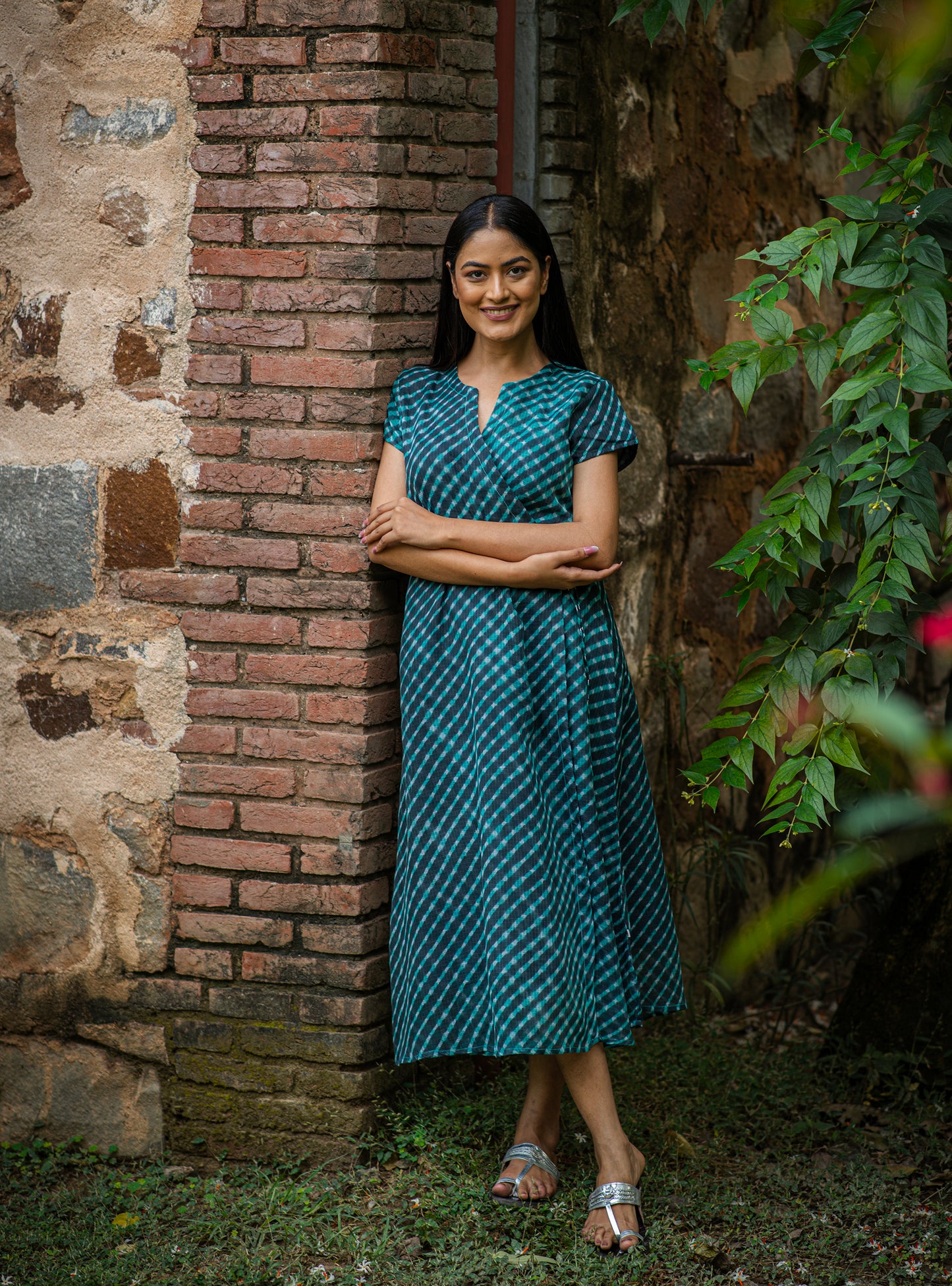 Wrap Dress : Leheriya Teal Kota Cotton