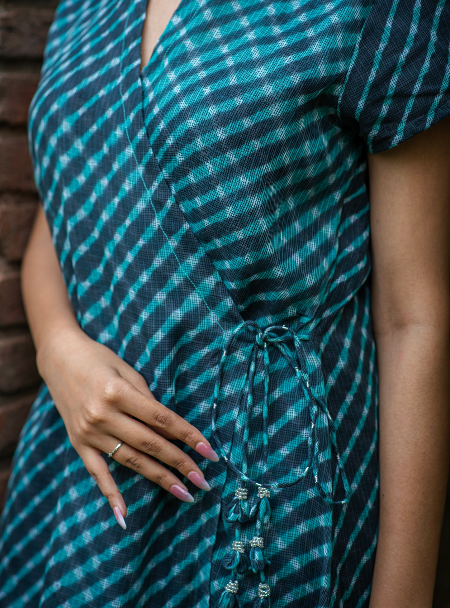 Wrap Dress : Leheriya Teal Kota Cotton