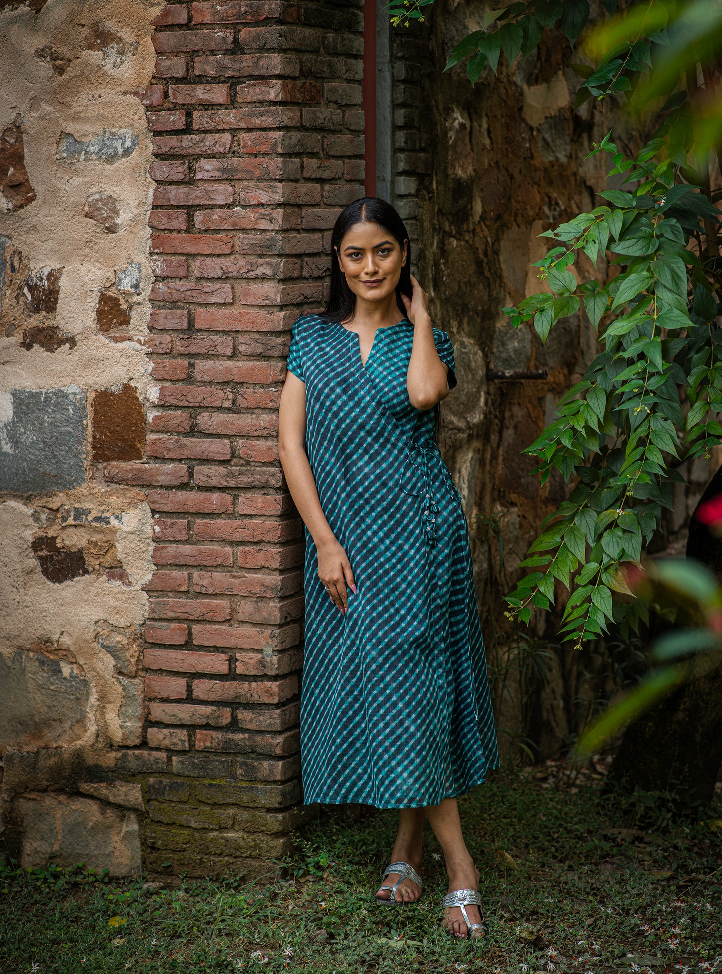 Wrap Dress : Leheriya Teal Kota Cotton