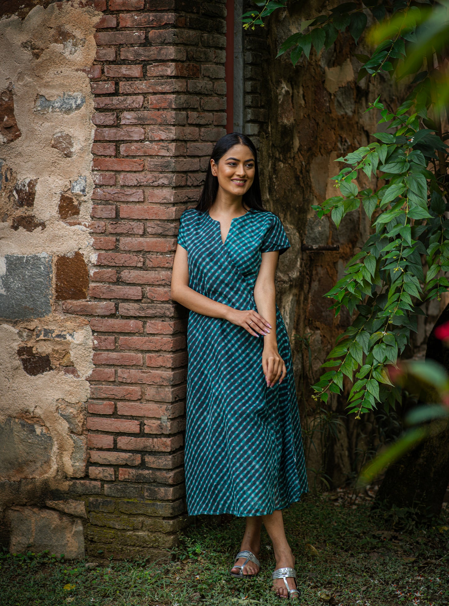 Wrap Dress : Leheriya Teal Kota Cotton