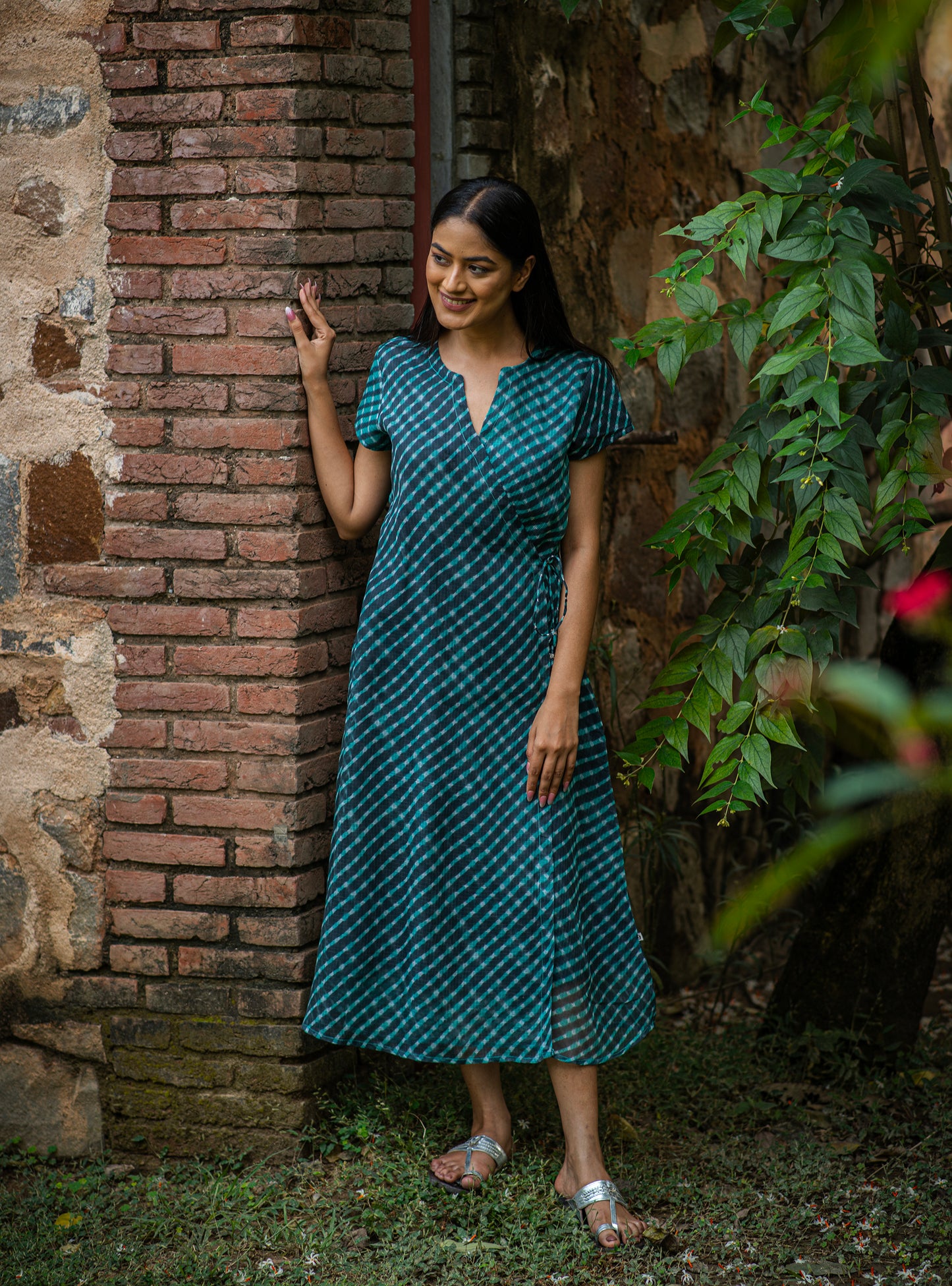 Wrap Dress : Leheriya Teal Kota Cotton